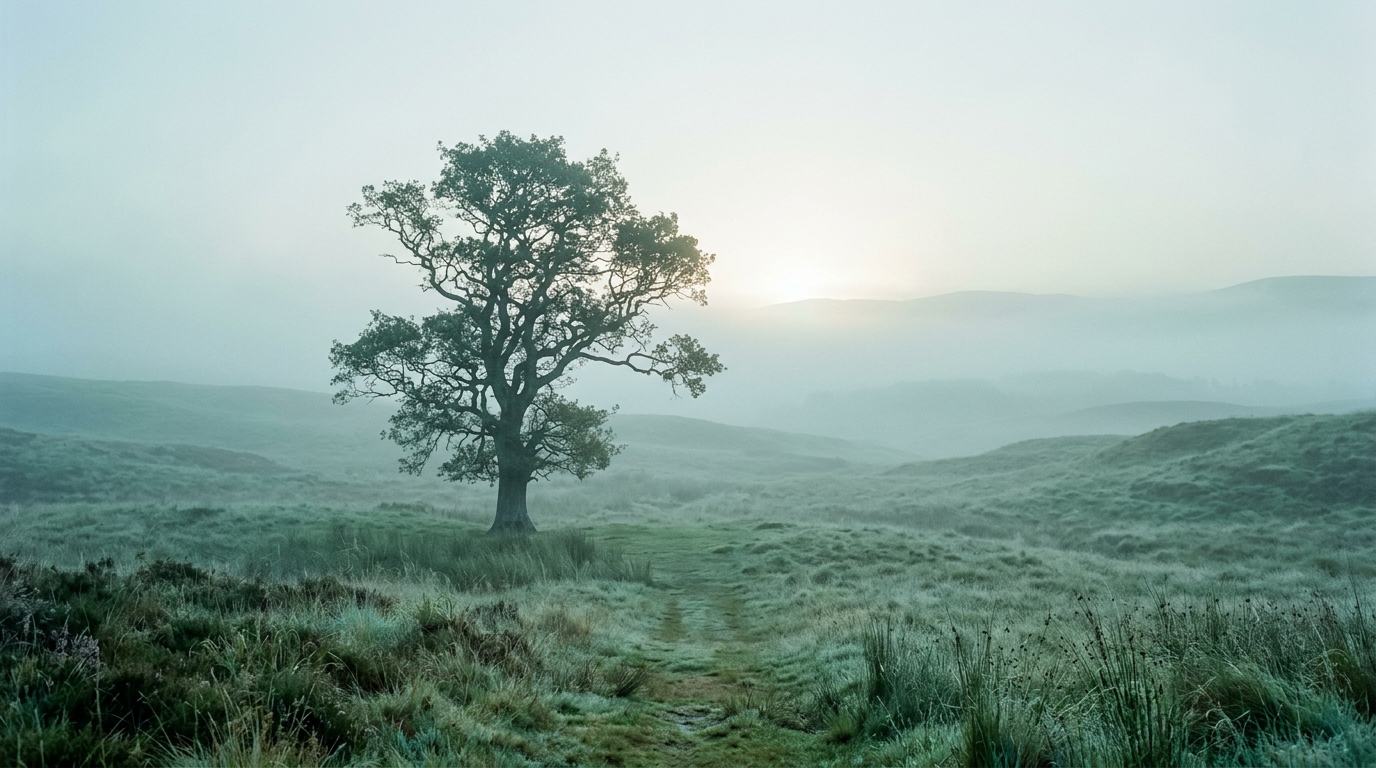 Paisaje con un árbol al amanecer